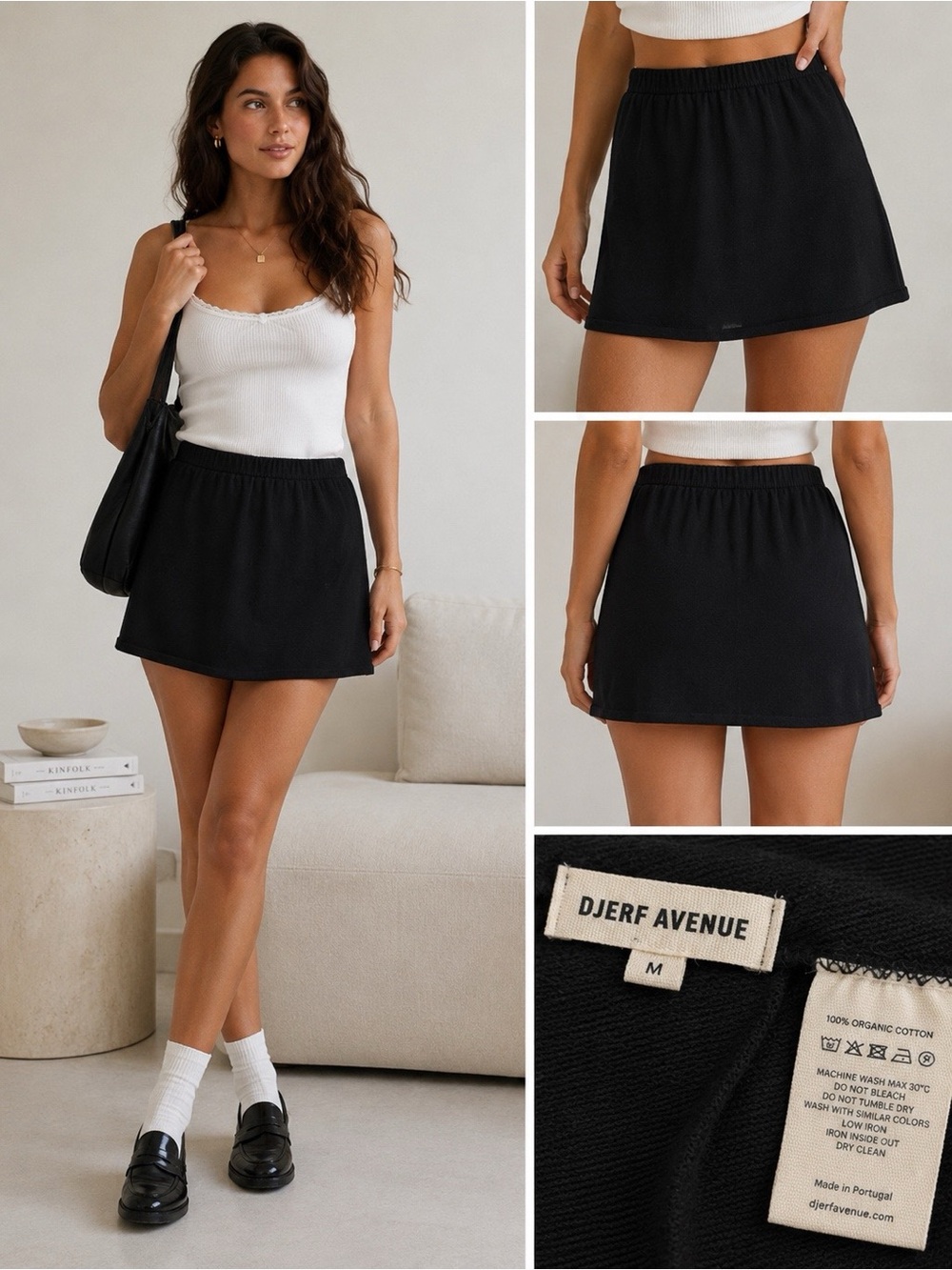 Djerf Avenue Mini Knit Skirt Women Medium Black Organic Cotton Elastic Waistband